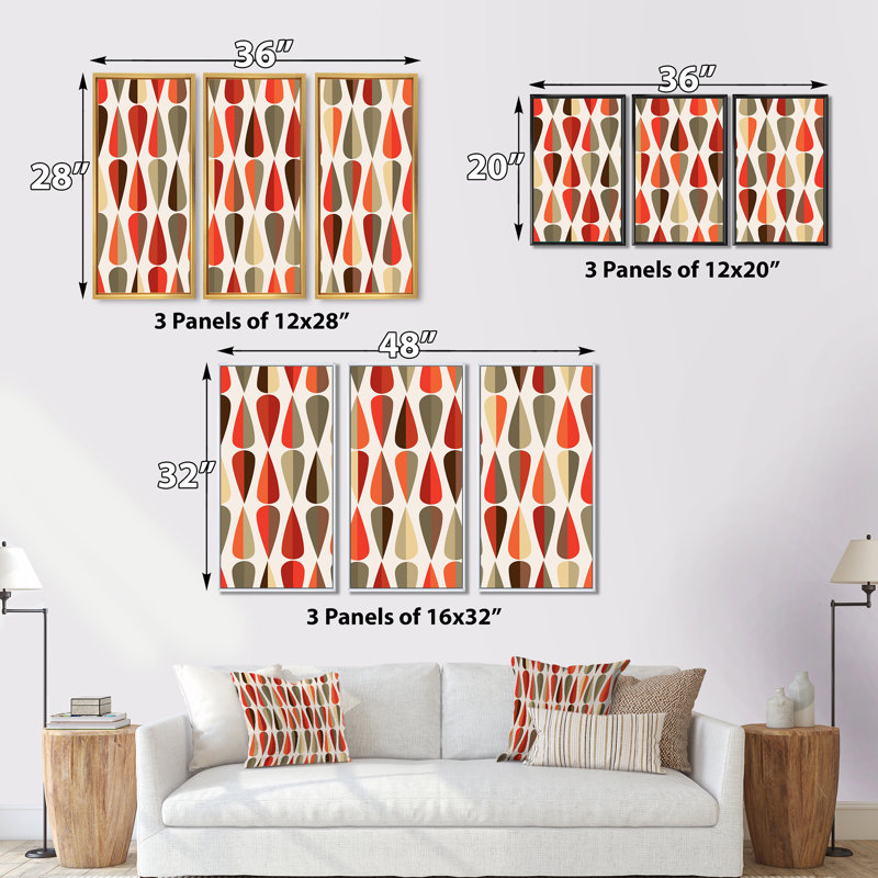 «Retro Abstract Drops IV», reproduction de cadre photo sur toile 3 pièces, H 32 po x l 48 po x P 1 po, Cadre blanc