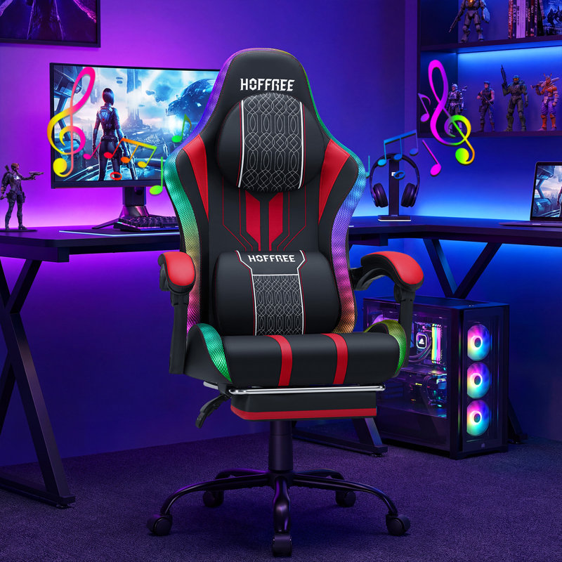 HOFFREE Fauteuil de jeu à DEL avec haut-parleurs et fauteuil de jeu vidéo massant pour 400 lb, Noir / Rouge