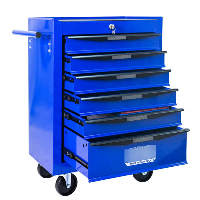 Organisateur de coffre à outils 20 po en acier, 6 pièces, bleu, glissières de tiroir à roulement, 4, verrouillable pour outils, boîte de rangement roulante en métal, taille, bleu, tiroirs, roues universelles, conception