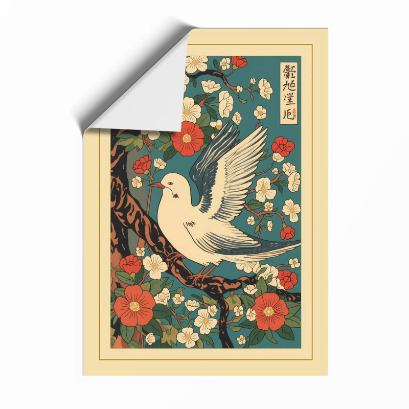 Dove Among Chrysanthemums Japandi - Print, Unframed, A4 - 29.7 x 21.0 cm