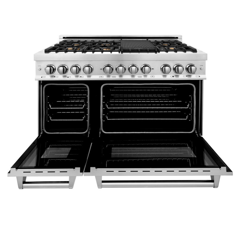 ZLINE 48" Legacy Dual Fuel Range w/ 7 Burner Gas Cooktop and 2 Electric Ovens, Brass Burners Stainless Steel