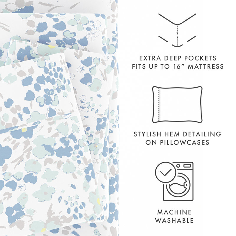 Sheet Set Solid Microfiber Ultra Soft Bedding, Twin Sheet Set with 1 Pillowcase, Light Blue Floral 2