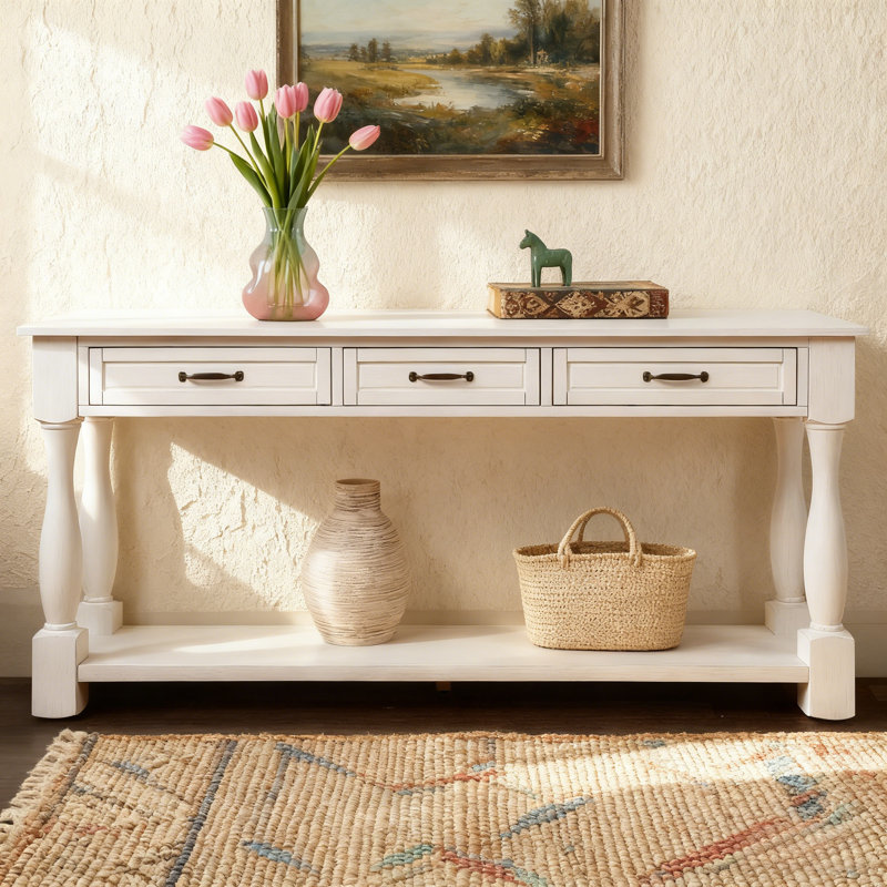 Wood Console Table With 3 Drawers And 5 Bottom Shelf For Entryway Hallway Extra-Thick Sofa Table, Antique White