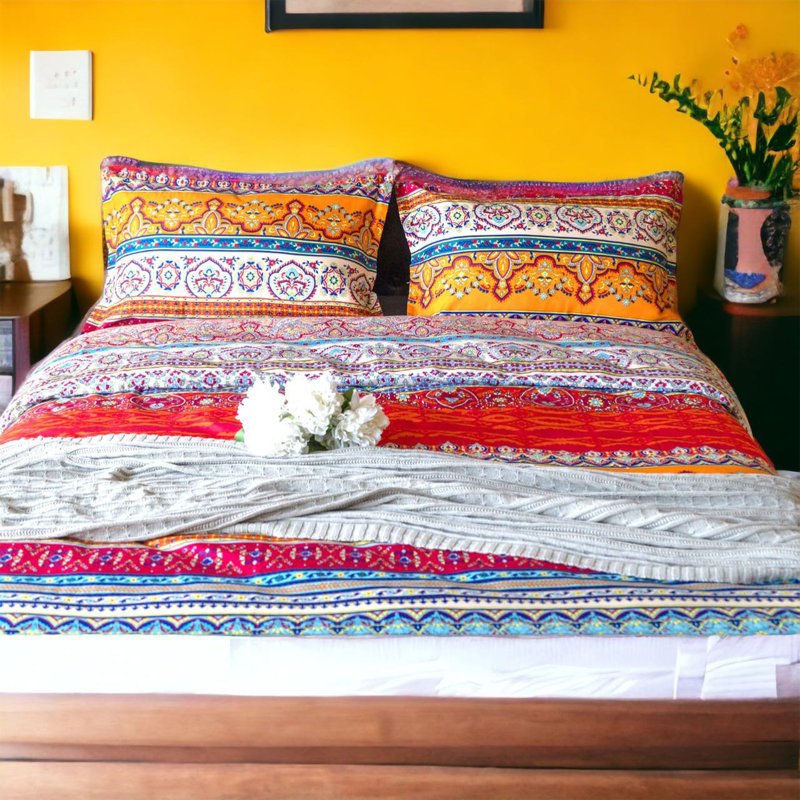 Polyester Satin Floral Duvet Cover, Queen Duvet Cover + 2 Standard Pillowcases