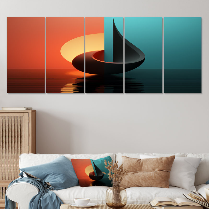 Coucher de soleil minimalisme bleu rouge horizon - ensemble d'art mural géométrique 5 pièces, H 28 po x l 60 po