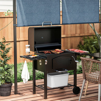 Barbecue au charbon de bois pour l'extérieur, avec une surface de cuisson de 371 pouces carrés et une hauteur réglable, des étagères pliables, un thermomètre, un ouvre-bouteille et des roues, noir, idéal pour le camping, les pique-niques et le jardin.