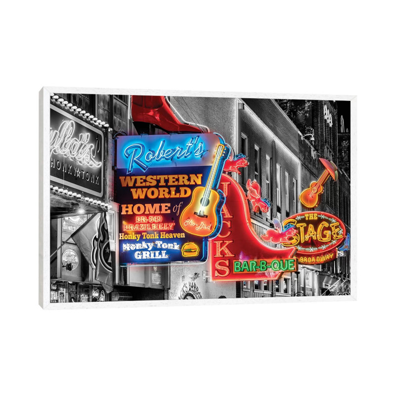 Nashville Broadway Neon by Susanne Kremer - Print on Canvas, 66.04 cm H x 45.72 cm W, White Framed
