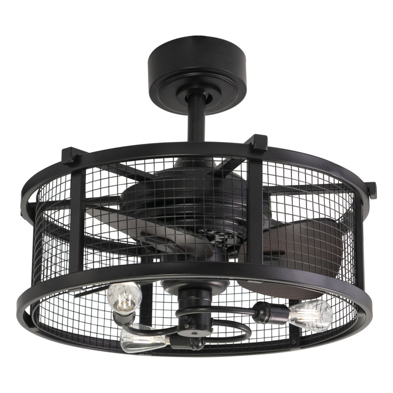 Ender 21 in. Oil Rubbed Bronze and Burnished Teak Indoor Rod Mount Industrial Fandelier Ceiling Fan with Anigre Blades, Dimmable LED Light Kit and Remote Control Included, 3 Speeds Caged Drum Shade