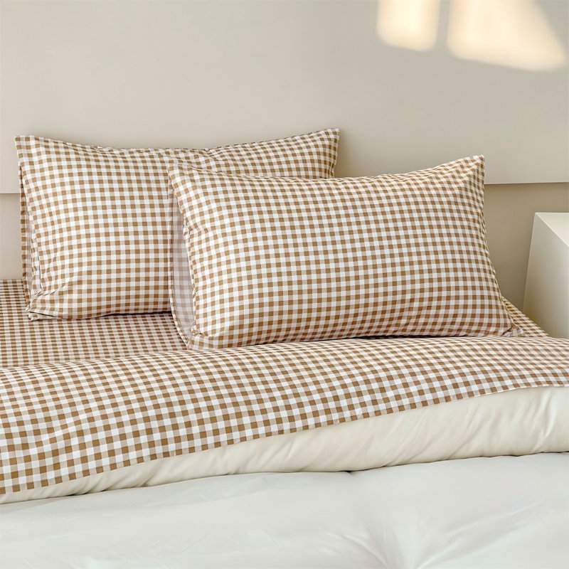 Ensemble de draps en vichy, microfibre prélavée ultra-douce, Guingan brun clair