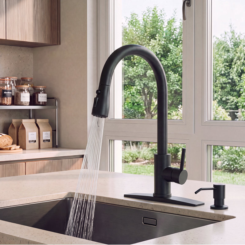 Forious® Ultra Pull Down Single Handle Kitchen Faucet with Soap Dispenser, Matte Black