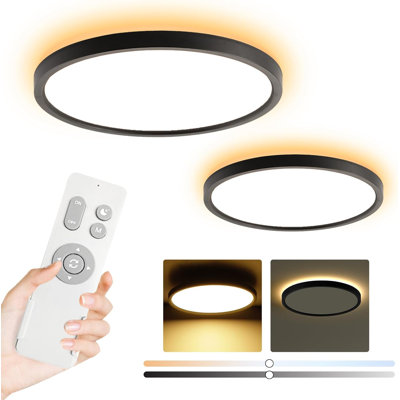 Ensemble de 2 luminaires de plafond noirs avec télécommande, avec veilleuse chaude 3000K, plafonnier encastré 12 pouces 24W, 3 lumières à couleur variable, luminosité réglable (10% à 100%)