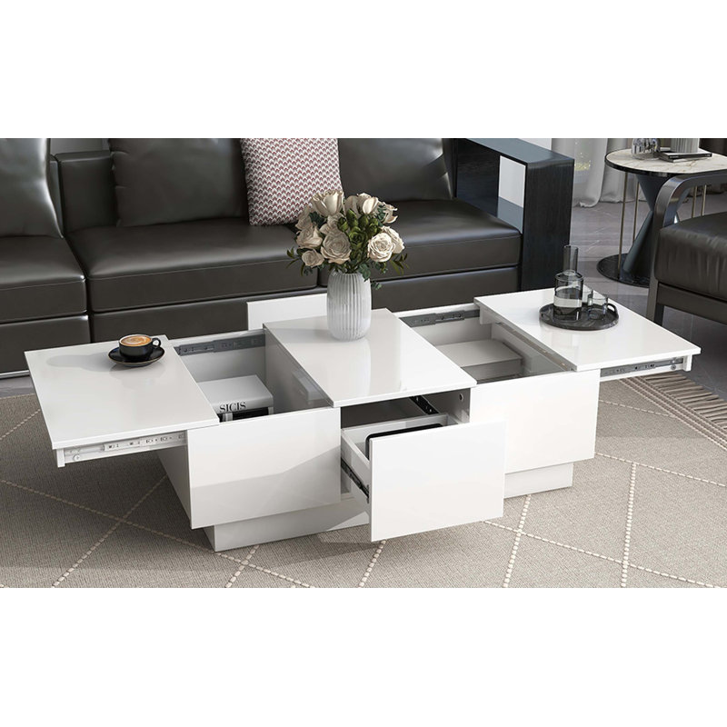 Table basse extensible rectangulaire en bois avec 2 grands compartiments de rangement cachés, Blanc