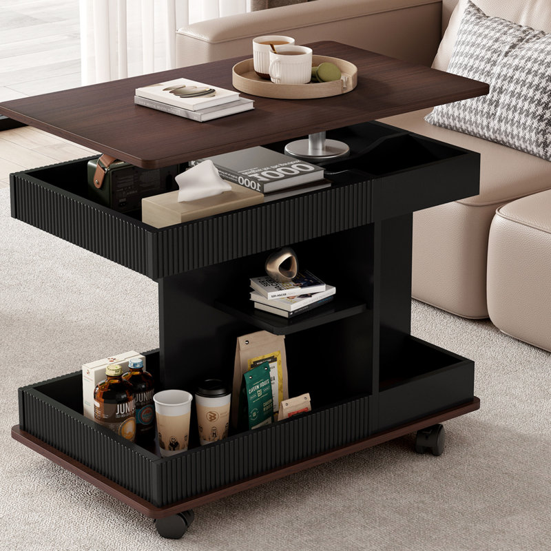 End Table With Lift Top And Wheels, Black
