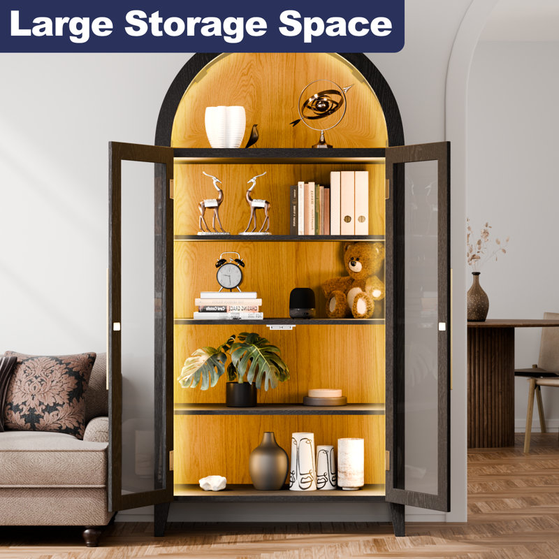  Armoire de rangement arquée, vitrine avec capteur de corps humain, bibliothèque arquée à 5 niveaux avec 3 lumières colorées et tablette ouverte pour le bureau en bois noir