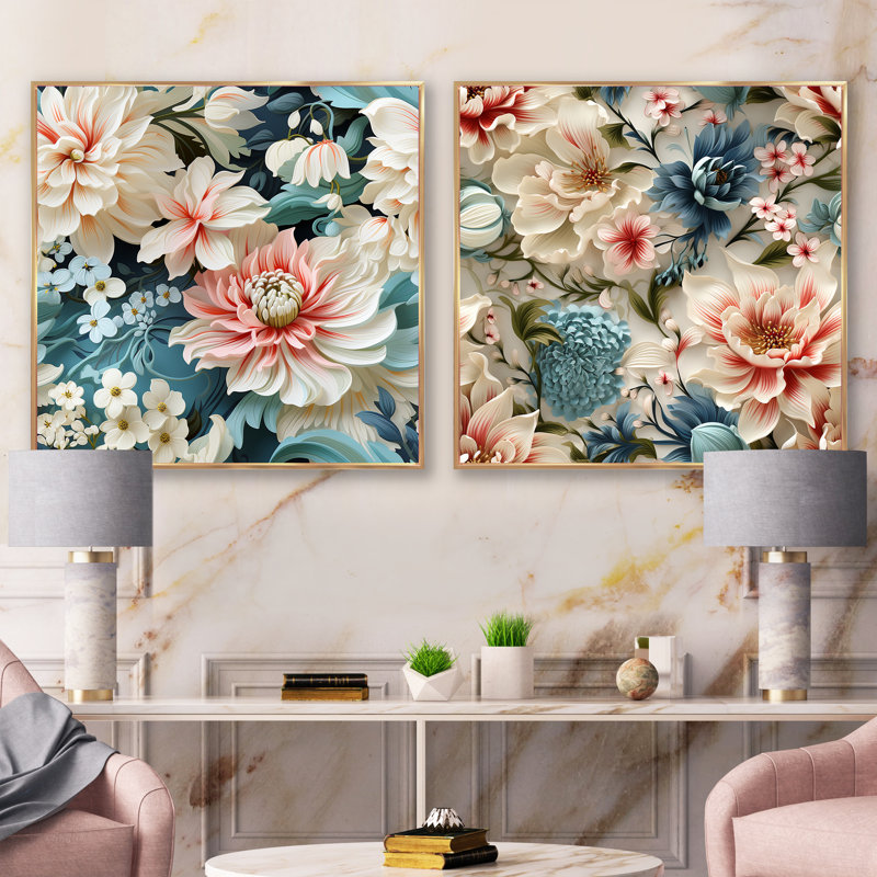 Rose et blanc motif cachemire de jardin - Ensemble de 2 collages carrés botaniques abstraits, Cadre flottant doré