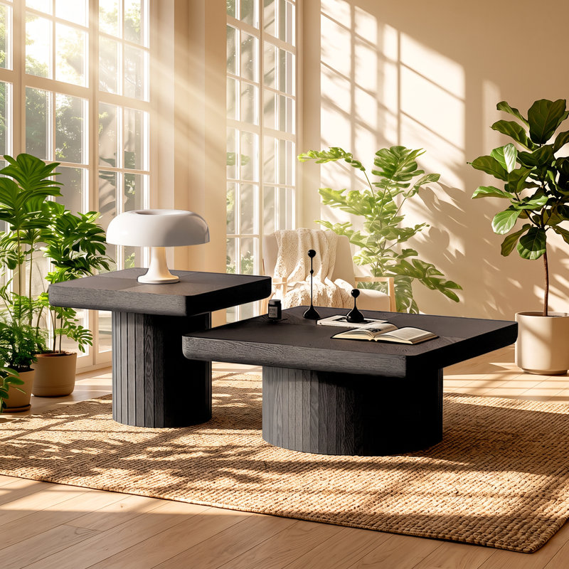 Ensemble de 2 tables basses gigognes carrées FS Furniture, 88 cm L x 88 cm P x 30 cm H, en placage de parquet.