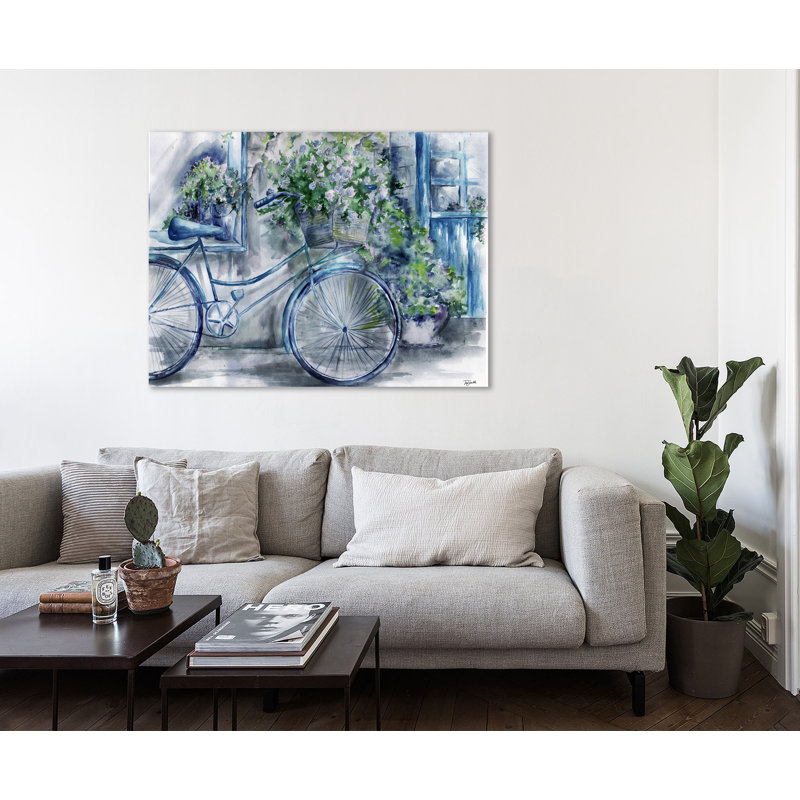 Vélo fleuriste: bleu et blanc II - impression sur toile tendue, H 15 po x l 20 po x P 1,5 po