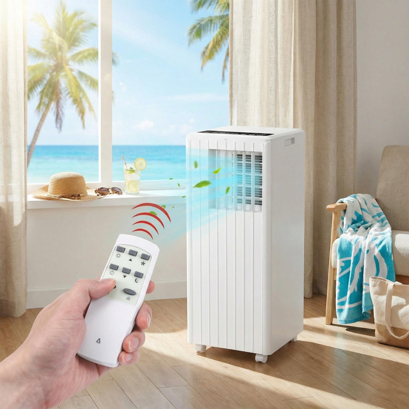 Climatiseur portatif de 8 000 BTU, unité de climatisation 3-en-1 avec refroidissement, ventilateur, déshumidificateur, télécommande, fonctionnement silencieux, mode veille, pour les petites pièces, les appartements, l'installation de l'ensemble de fe