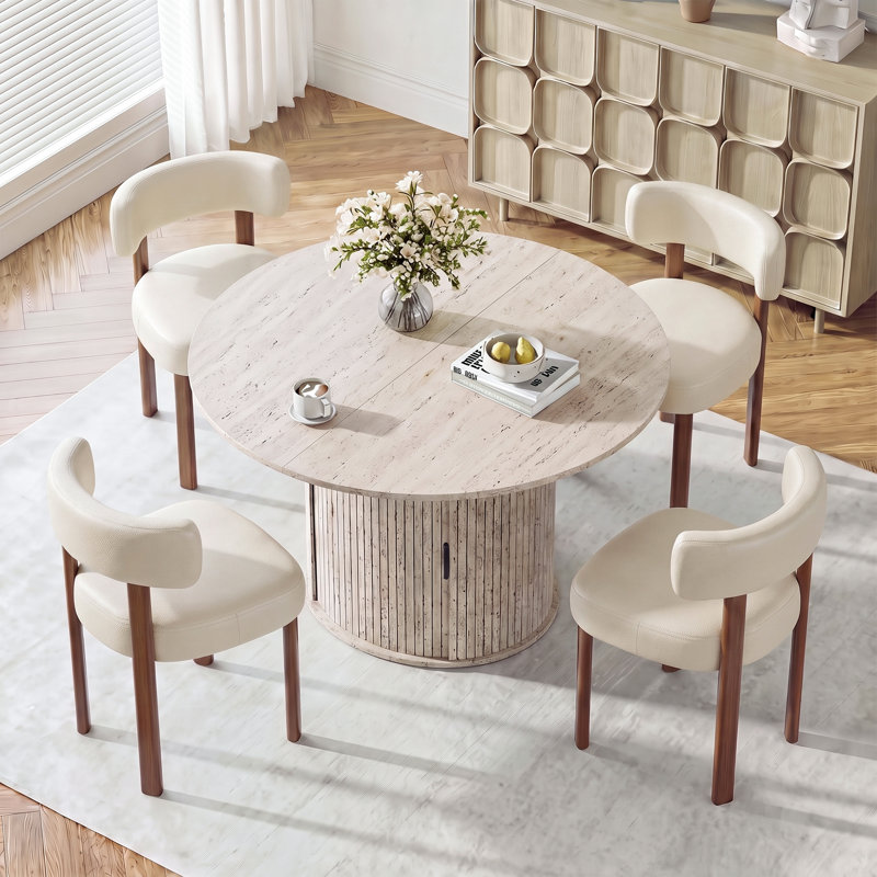 Ensemble de table de salle à manger moderne extensible pour 4 à 6 personnes avec rangement caché, Blanc, Beige