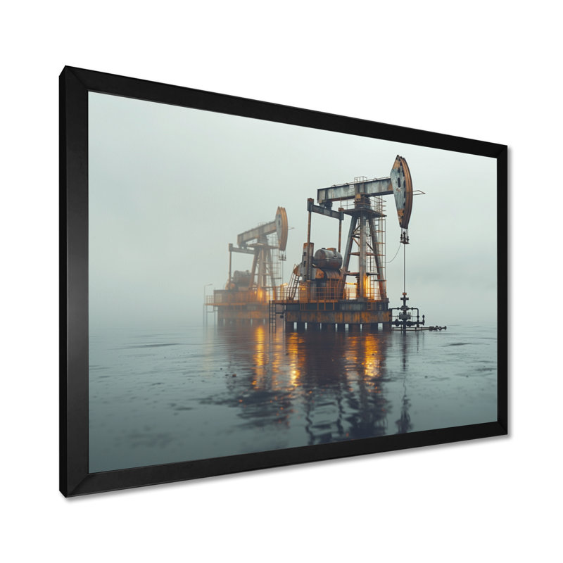 Gris, jaune, hiver, carburant, Futures, plate-forme de pétrole, Toile encadrée noire simple, H 30 po x l 40 po x P 1,5 po