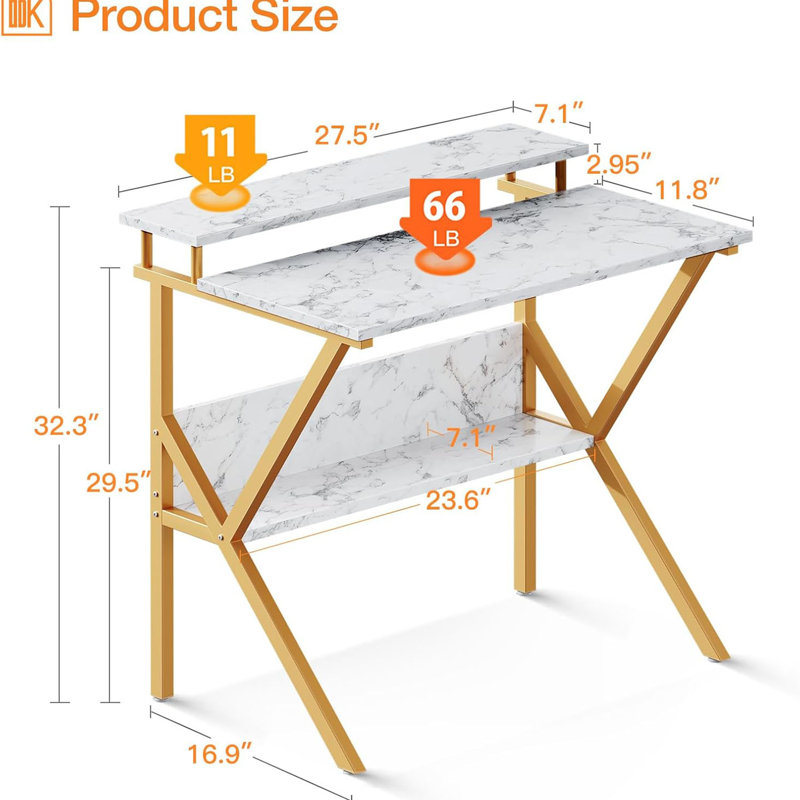 Small Desk, 27.5 Inch Small Computer Desk For Small Spaces, Compact Desk With Storage, Tiny Desk Study Desk With Monitor Stand For Home Office, White Marble + Gold Leg