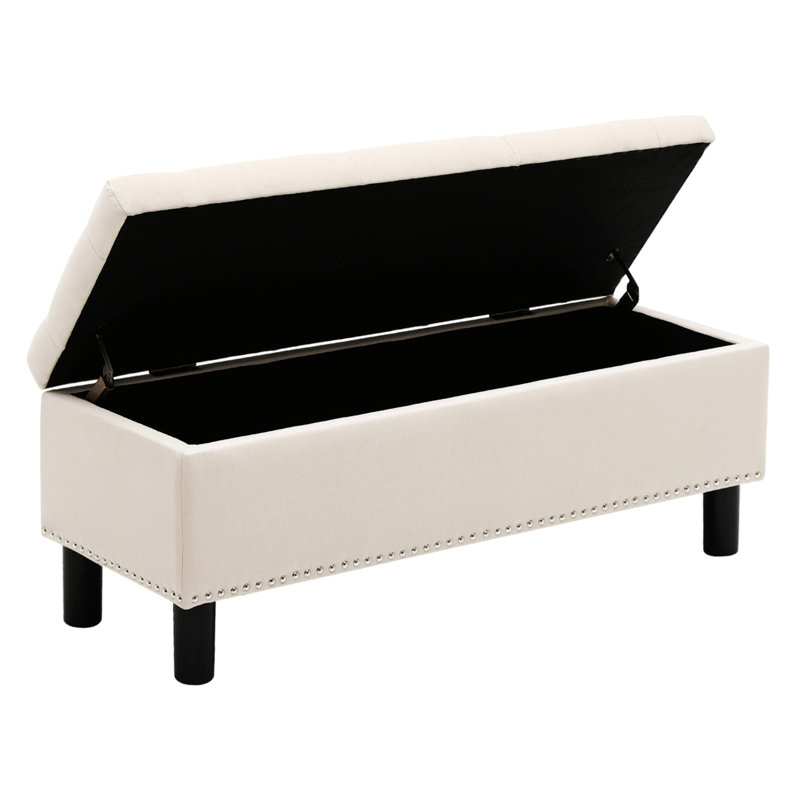 Banc de rangement avec repose-pieds avec pieds en bois et banc de rangement rembourré avec capitonnage, Beige