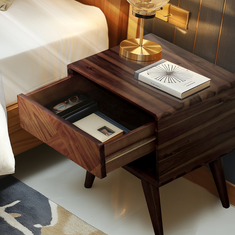 Solid Acacia Wood Nightstand, Bedside Table with Drawer & Open Shelf, Mid-Century Art Deco Accent Piece, Scratch & Water-Resistant