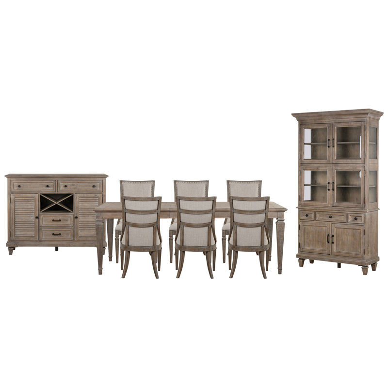 Extendable Rectangular Dining Table With 6 Arm Chairs Server And Dining Cabinet, 9 Pcs: Table, 6 Chairs, Server, Cabinet