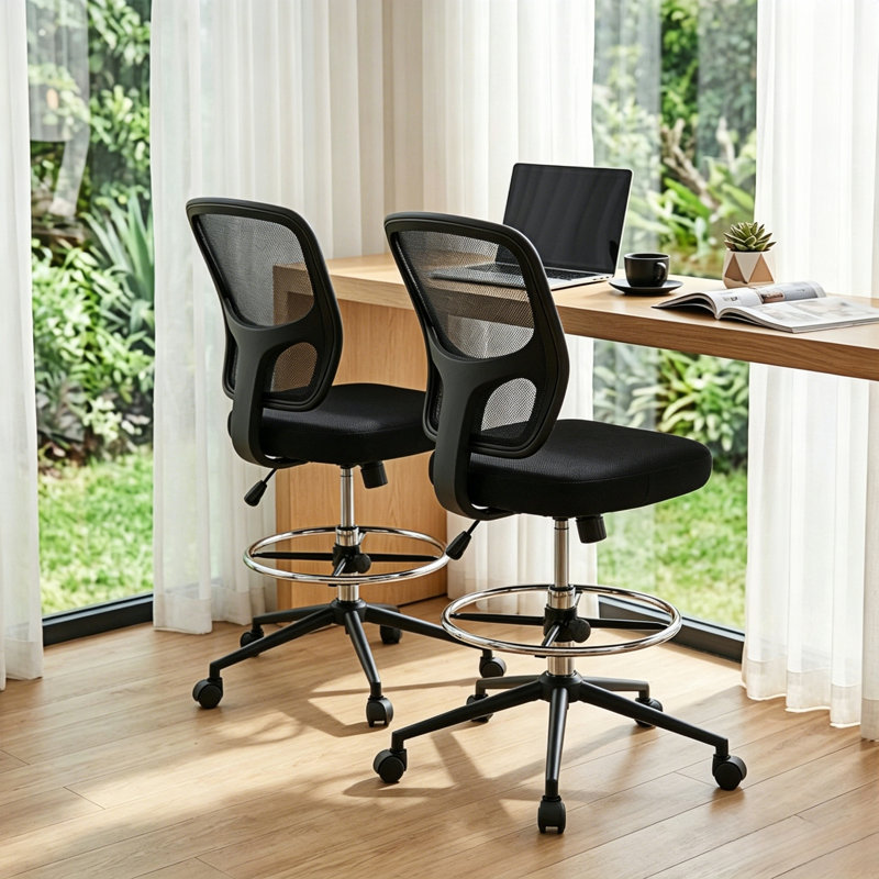 Ensemble de 2 chaises de dessinateur avec repose-pieds, chaise de bureau ergonomique et pivotante en filet, Noir, Noir