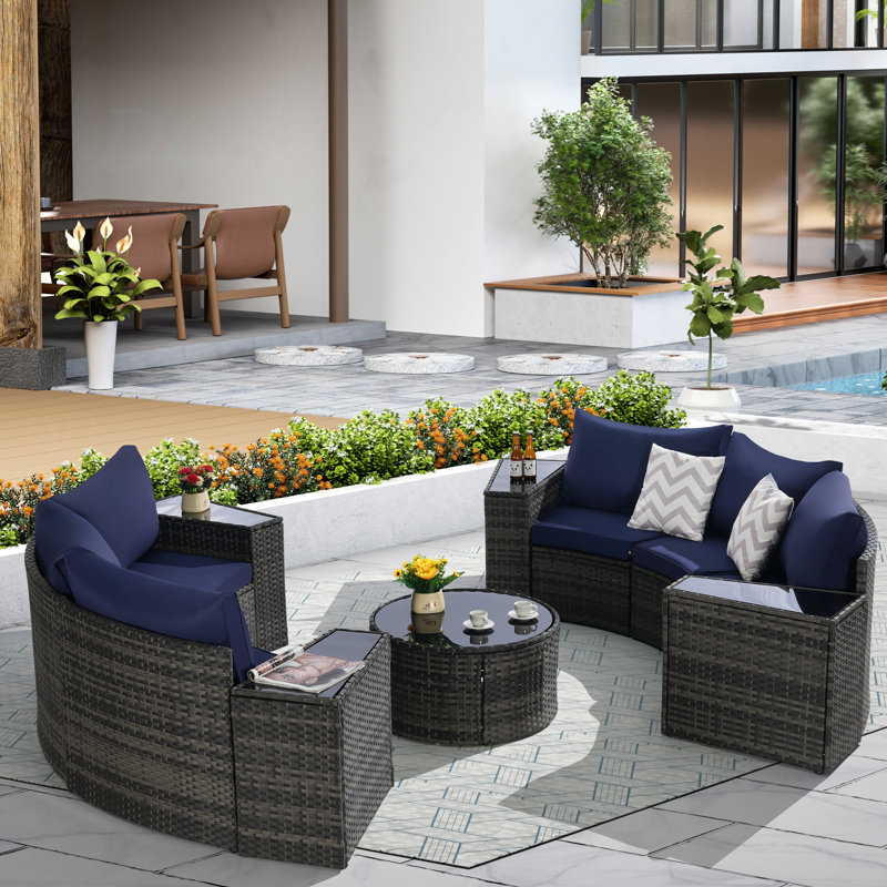 Ensemble de canapé d'extérieur modulaire demi-lune 11 pièces avec table basse ronde en verre trempé, Bleu très foncé