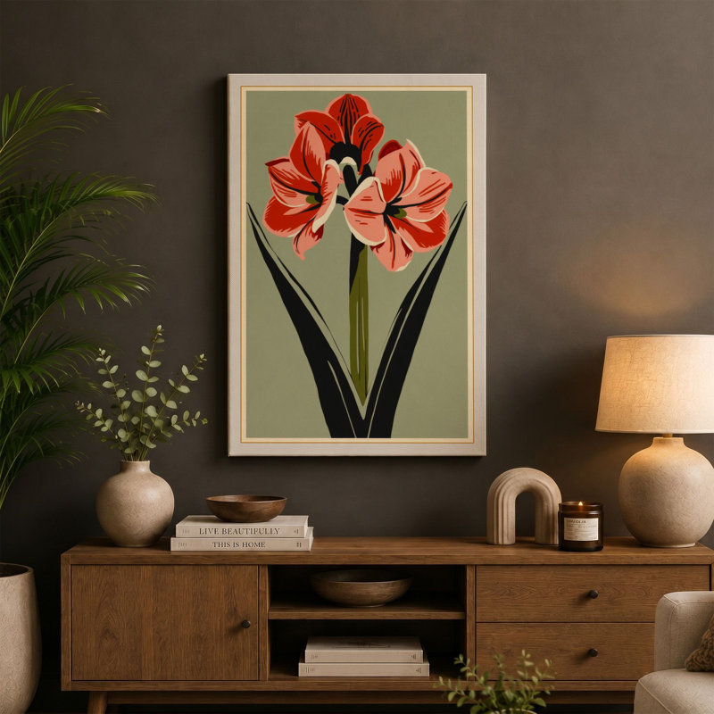 Amaryllis Study Botanical - Wrapped Canvas, 36x24 - 91.4 x 61.0 cm, Black Border