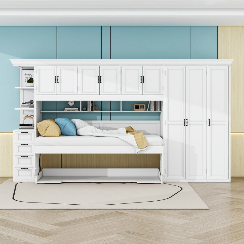 Lit escamotable simple avec garde-robe, armoire et bureau, Blanc