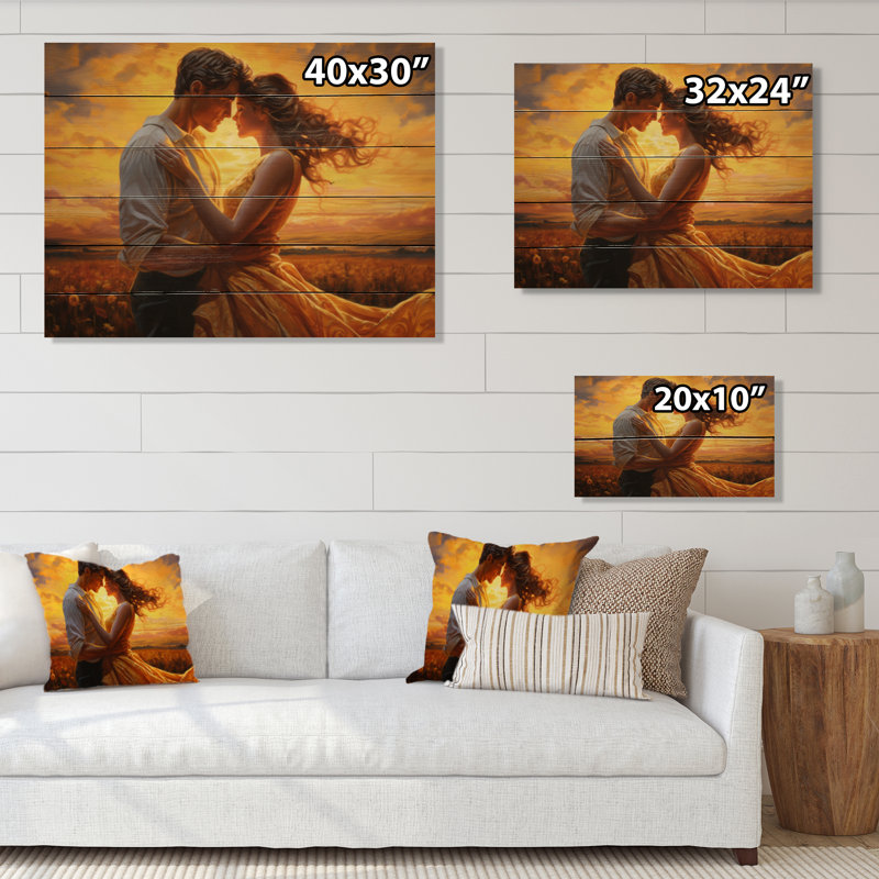 Braeley, Couple romantique, paysage, étreinte lumineuse, impression sur bois II, H 10 po x l 20 po x P 0,78 po