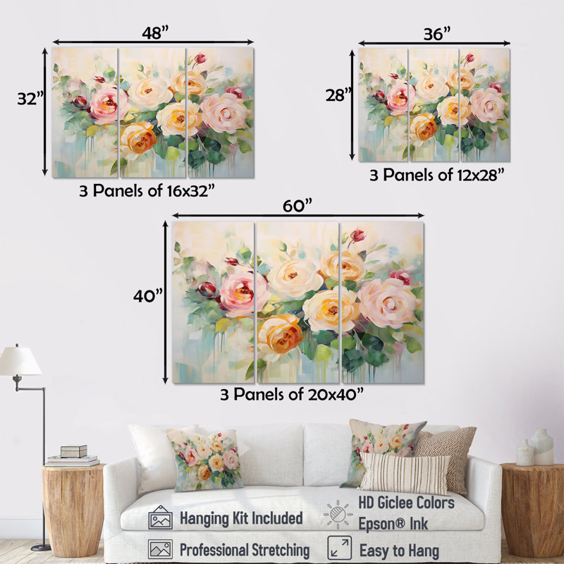 Royalston - Ensemble d'art mural roses, Toile tendue, H 32 po x l 48 po x P 1 po