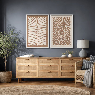 Abstract Botanical "Faded Brown Leaves Simple Artwork, Classic Boho Retro Wall Pictures, Framed Canvas Giclée Print 2 Pieces Wall Art" 16x24x2 pcs, 24x36x2 pcs