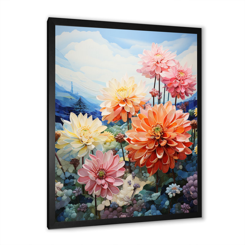 Zabdi Dahlia Field Pointillism Dot - imprimé, Cadre simple noir, H 20 po x l 12 po x P 1 po