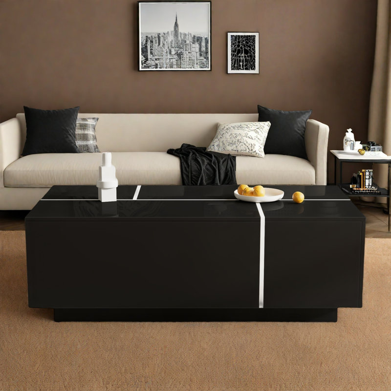 Table basse extensible avec finition ultrabrillante, 2 espaces de rangement cachés, 2 tiroirs et bords contrastants, Noir