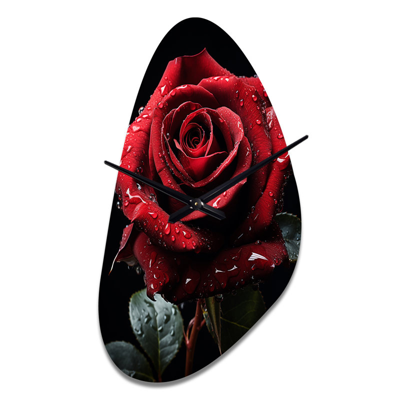 Rouge, noir, rose, Elegance I - Rose, forme unique en métal, horloge murale asymétrique rouge, Moyenne