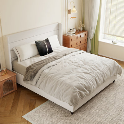 Modern Upholstered Platform Bed With Wingback Headboard with Solid Wood Legs