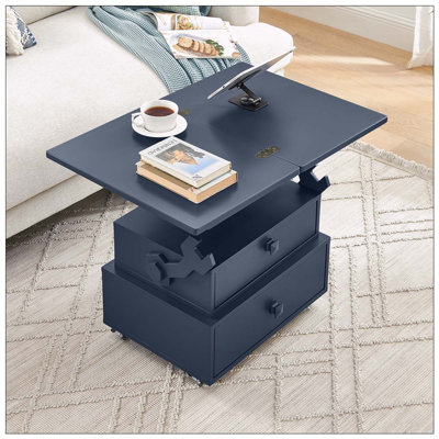 Table de bout roulante à hauteur réglable laquée ultrabrillante avec station de charge et roues universelles avec freins, table à plateau relevable multifonctionnelle avec tiroirs de rangement