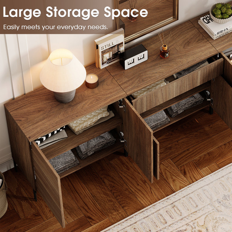 126" W Reeded TV Stand with Charging Station, Walnut
