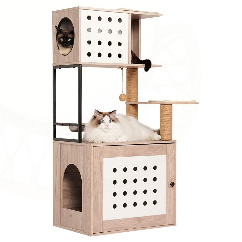 Arbre à chat tout-en-un avec bac à litière, hamac, lit, station d'alimentation et poteaux à griffer pour chats d'intérieur.
