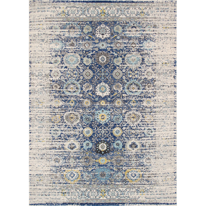 Navy and Ivory 5' x 7'6" Synthetic Stain-Resistant Area Rug