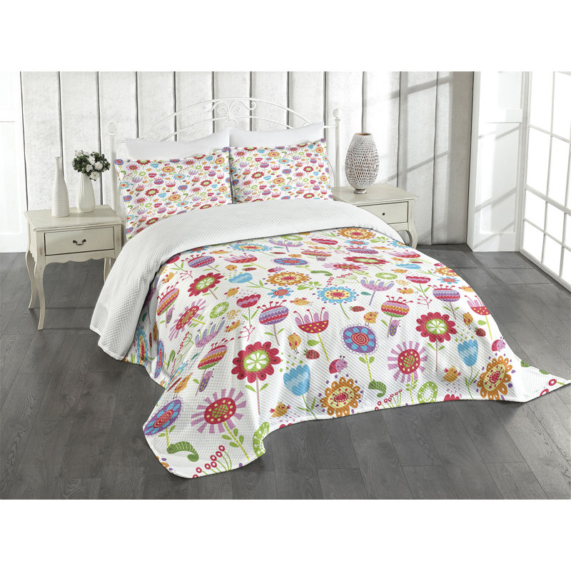 King Size Multicolor Floral Polyester Bedspread Set