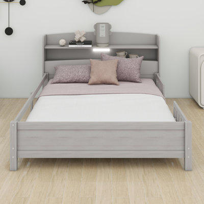 Wood Bed With Storage Headboard And Guardrail, Wood Platform Bed Frame With Built-In LED Light