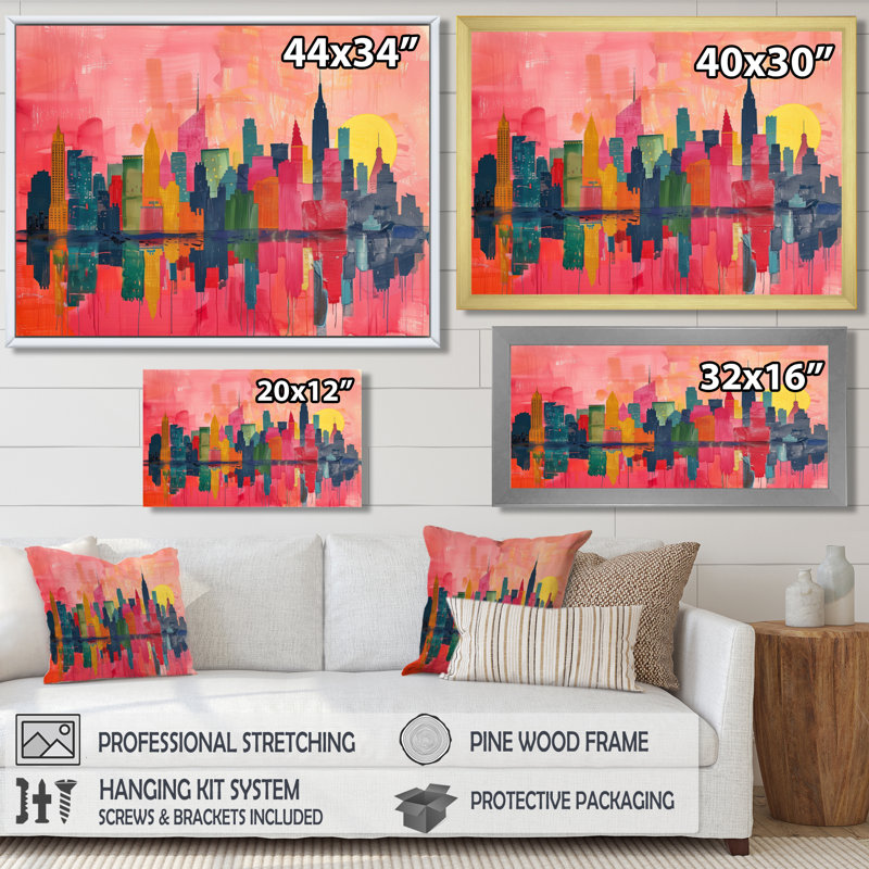 Rose rose gratte-ciel de New York - décoration murale New York, Cadre flottant doré, 16" H x 32" W