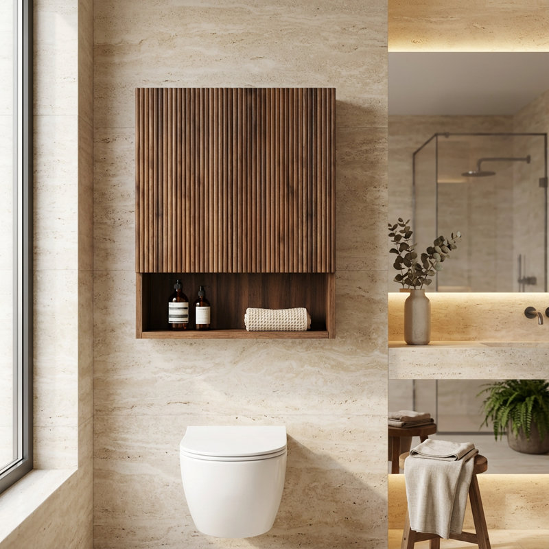 Wall-Mounted Striped Bathroom Storage Cabinet with Doors,Shelf,Open Compartment - Over-The-Toilet Organizer, Dark Walnut