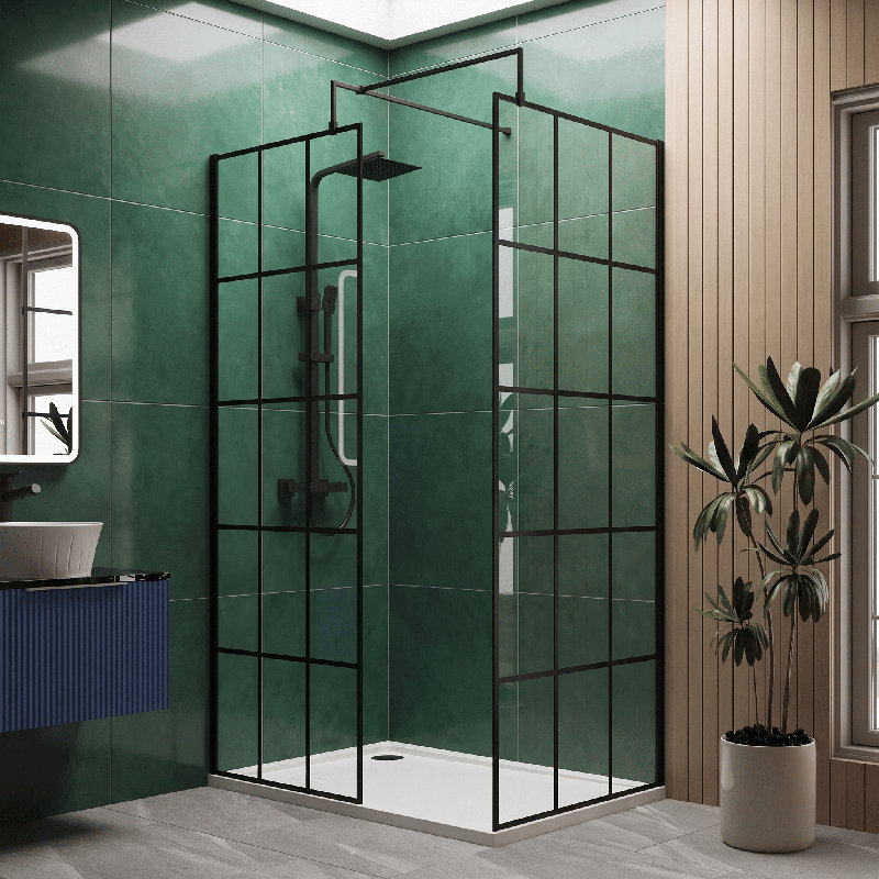 nuie 900mm Matt Black Framed Wetroom Screen With Support Bar