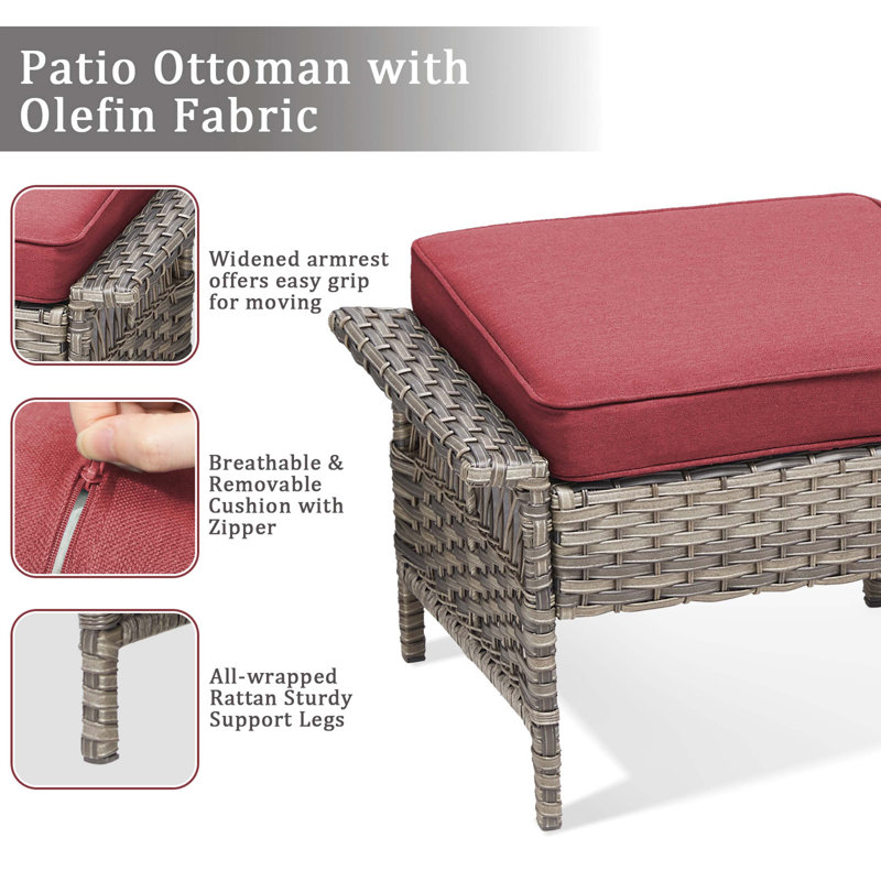 Ensemble de 2 repose-pieds d'extérieur en osier PE avec coussins en mousse haute densité, fabrication résistante aux intempéries et fonctionnalité polyvalente polyvalente pour les patios et les terrasses.