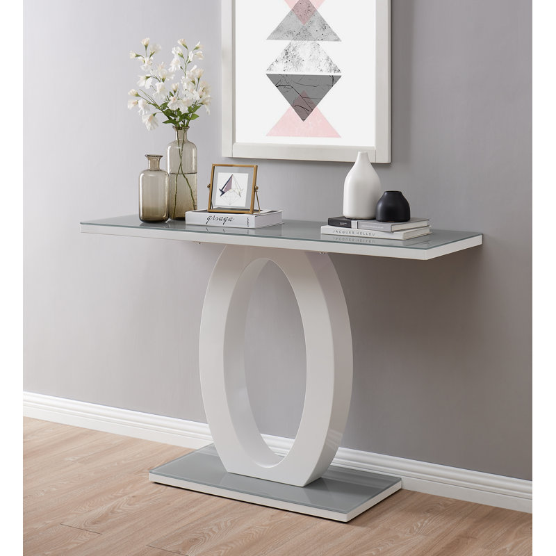 Reculver High Gloss and Glass Topped Console Table - Halo Design Hallway Table, Grey